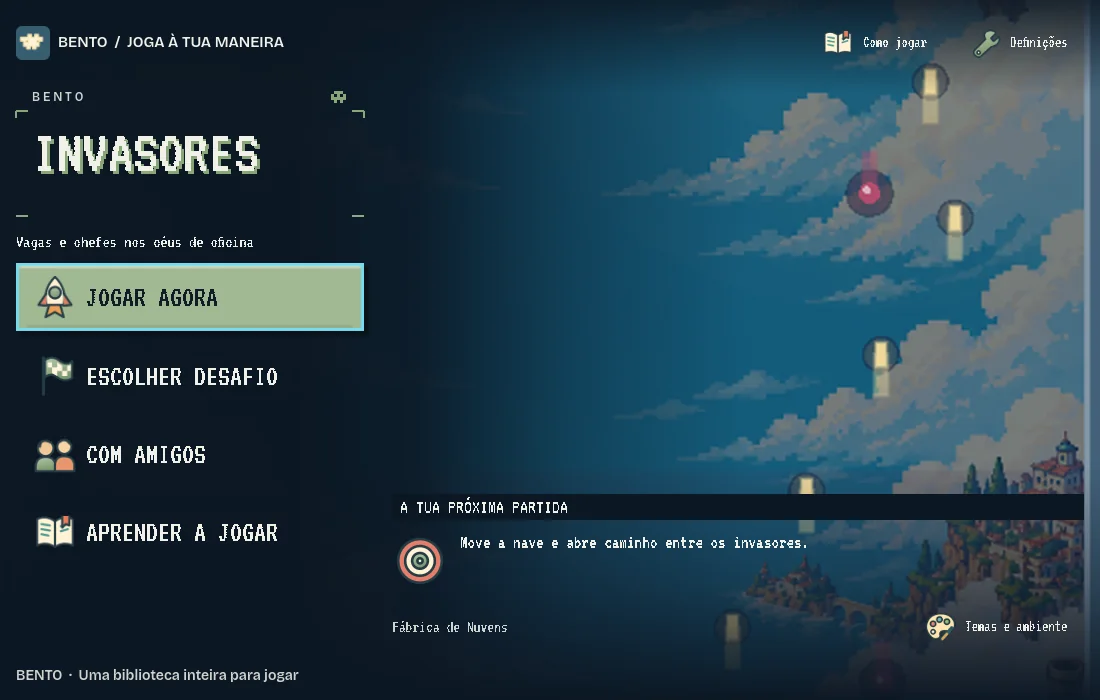 Ecrã inicial de Bento Invasores